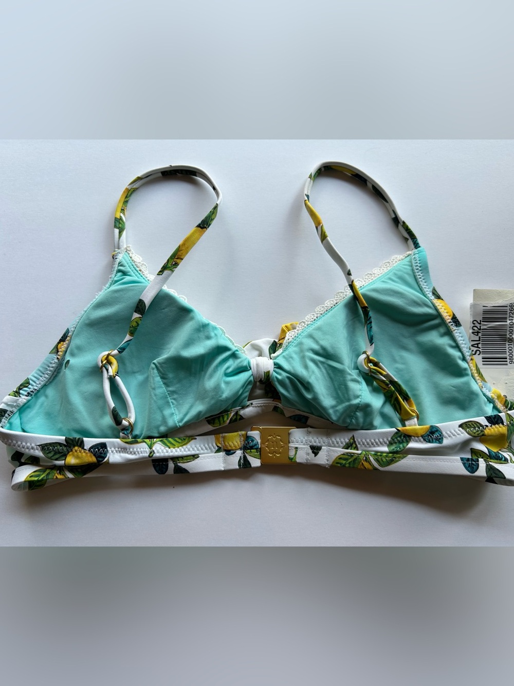 NWT Nanette Lepore Yellow Lemon Print Bikini Top on Light Blue - Picture 4 of 9